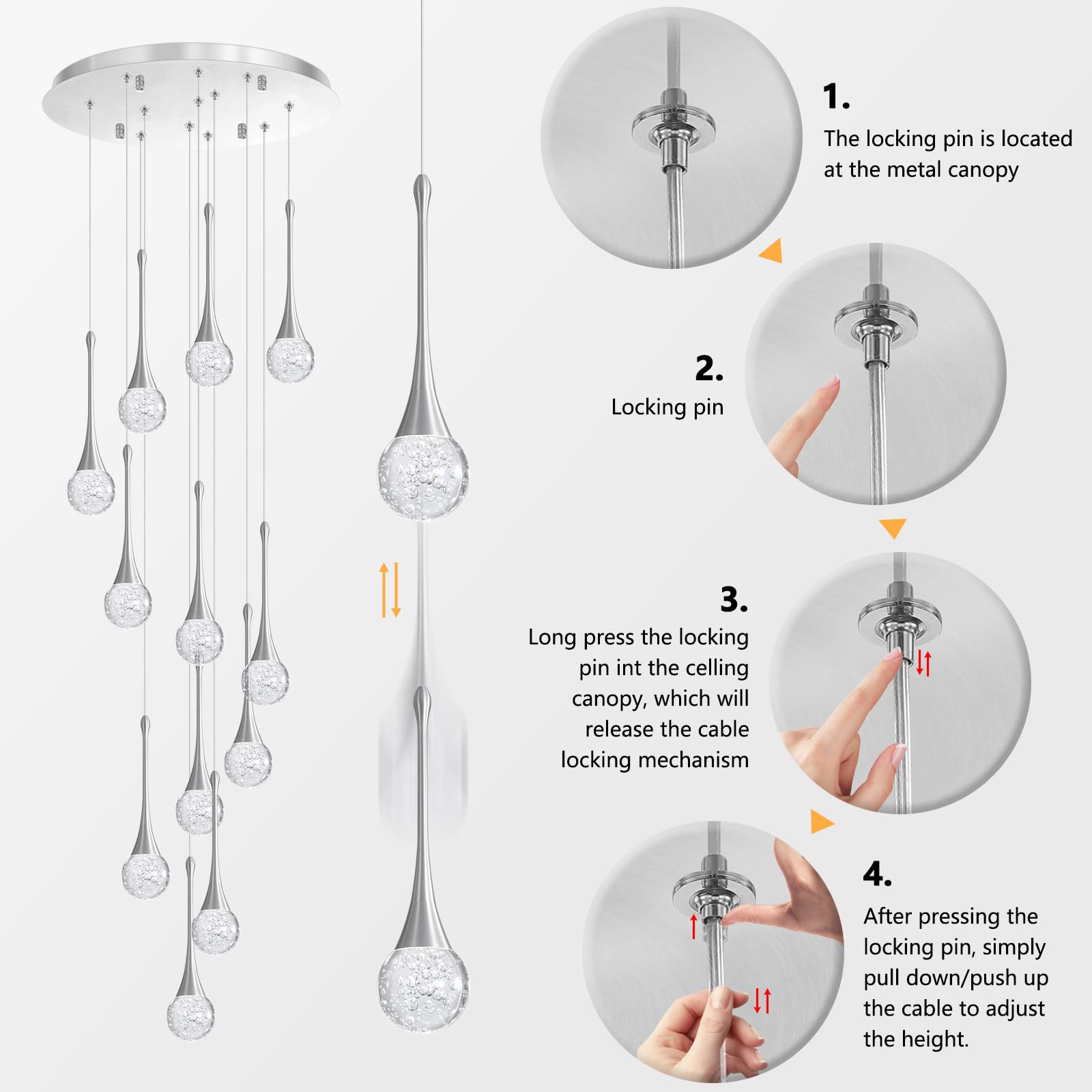 cenozo Modern Glam Crystal Chandelier, 118" Brushed Nickel, 12 Lights, LED Dimmable for High Ceilings, Staircase & Living Room Lighting