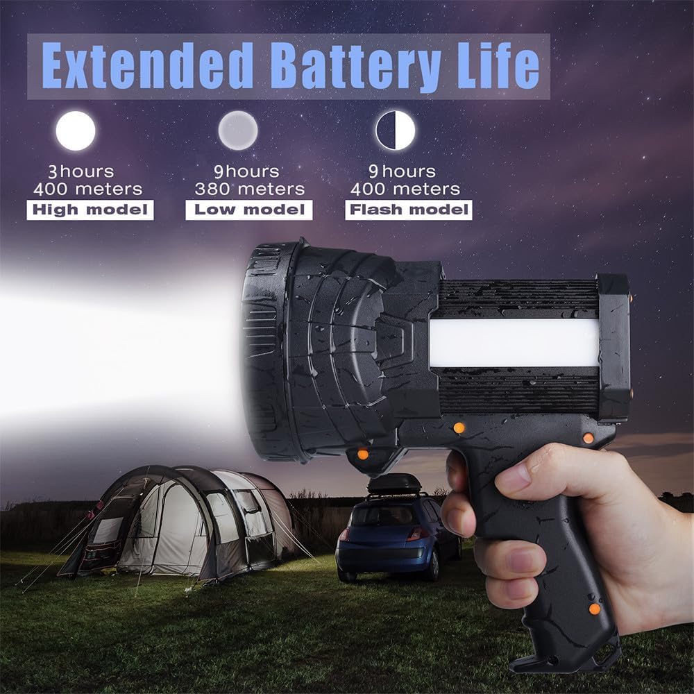 YIERBLUE Rechargeable Spotlight 120000 Lumen LED Handheld Flashlight 10000mAh with Tripod - Silver, Model SUPTMAX