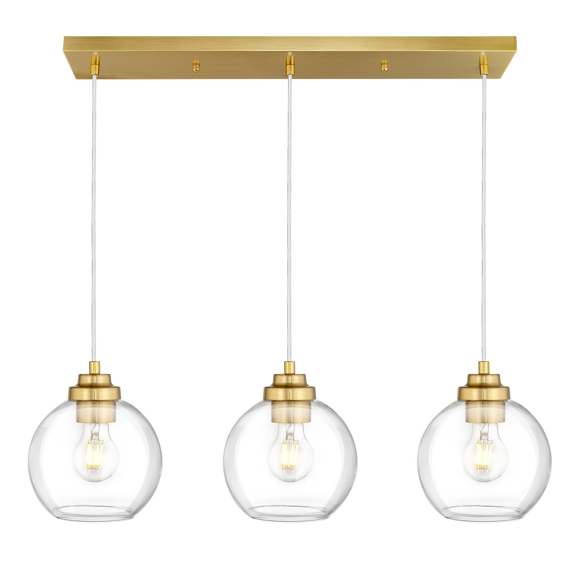 JAZAVA 3-Light Gold Linear Chandelier, Globe Kitchen Island Lighting, Modern Pendant Light with Clear Glass for Dining Room Livi
