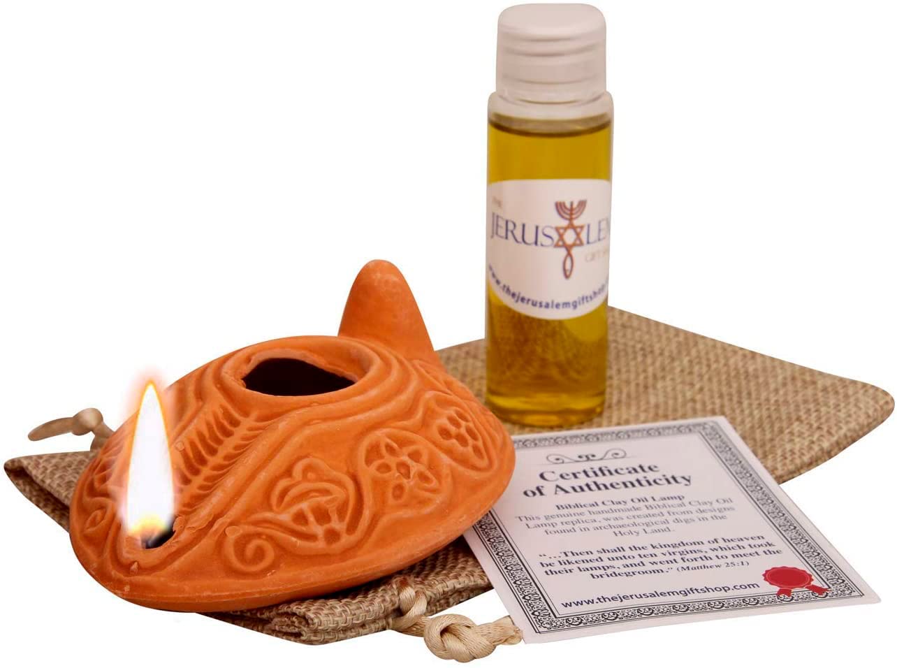 Herodian - Biblical Replica Ancient Clay Oil Lamp And Flask Of Olive Oil From Bethlehem In Gift Bag & Certificate Of Authenticity Hanukkah-Judaica/Christian Gift/Messianic