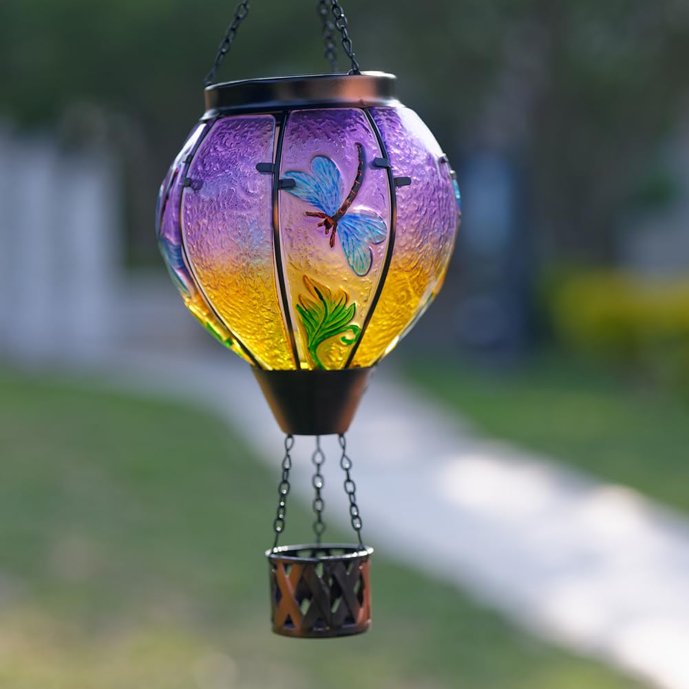 Starsoul Dragonfly Hot Air Balloon Solar Lantern Outdoor Glass Hanging Hot Air Balloon Lantern With Flame Light Waterproof For P