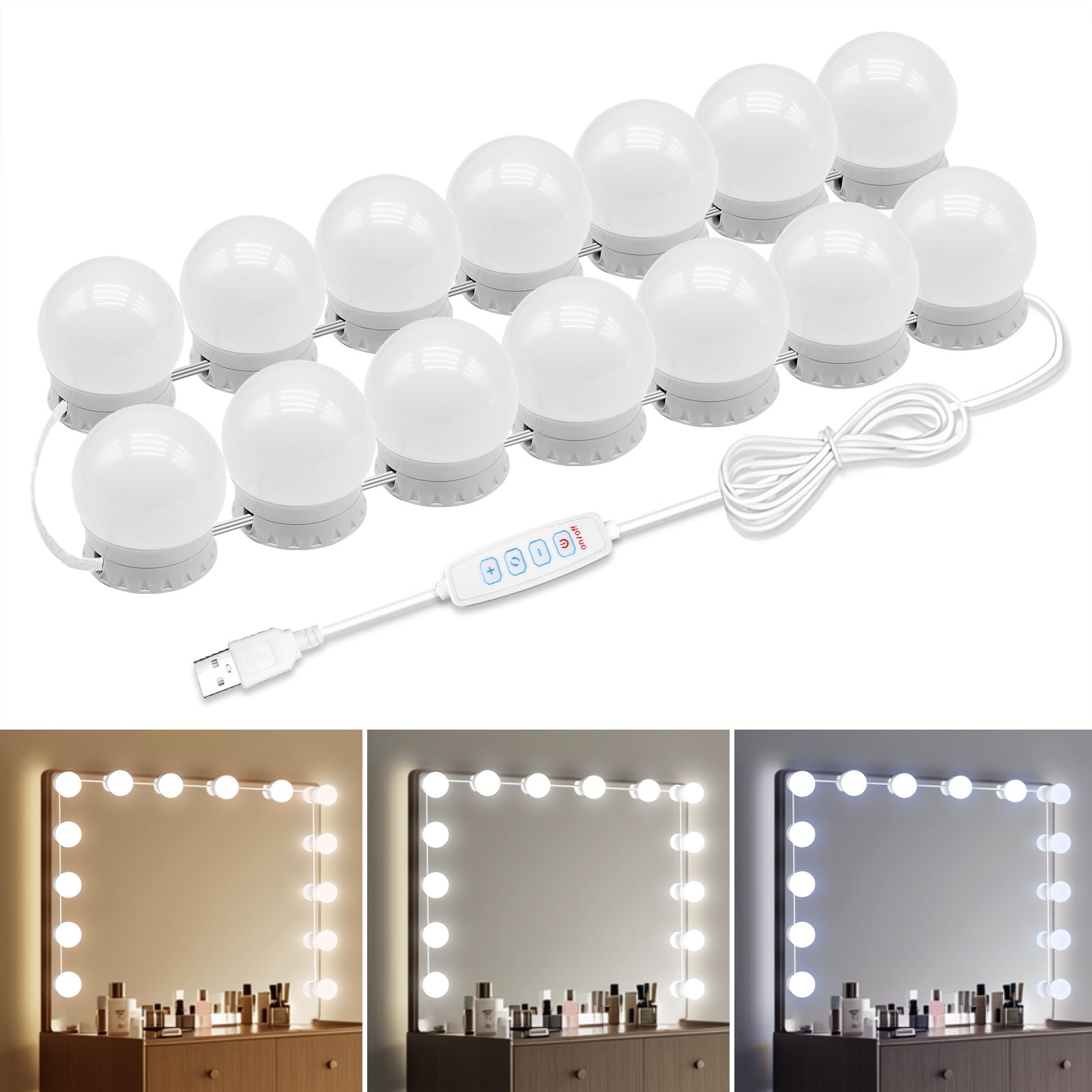 Led Vanity Mirror Lights With 14 Dimmable Bulbs, 3000K 4500K 6500K & 10 Brightness Levels Adjustable, Plug In Usb Cable, Hollywo