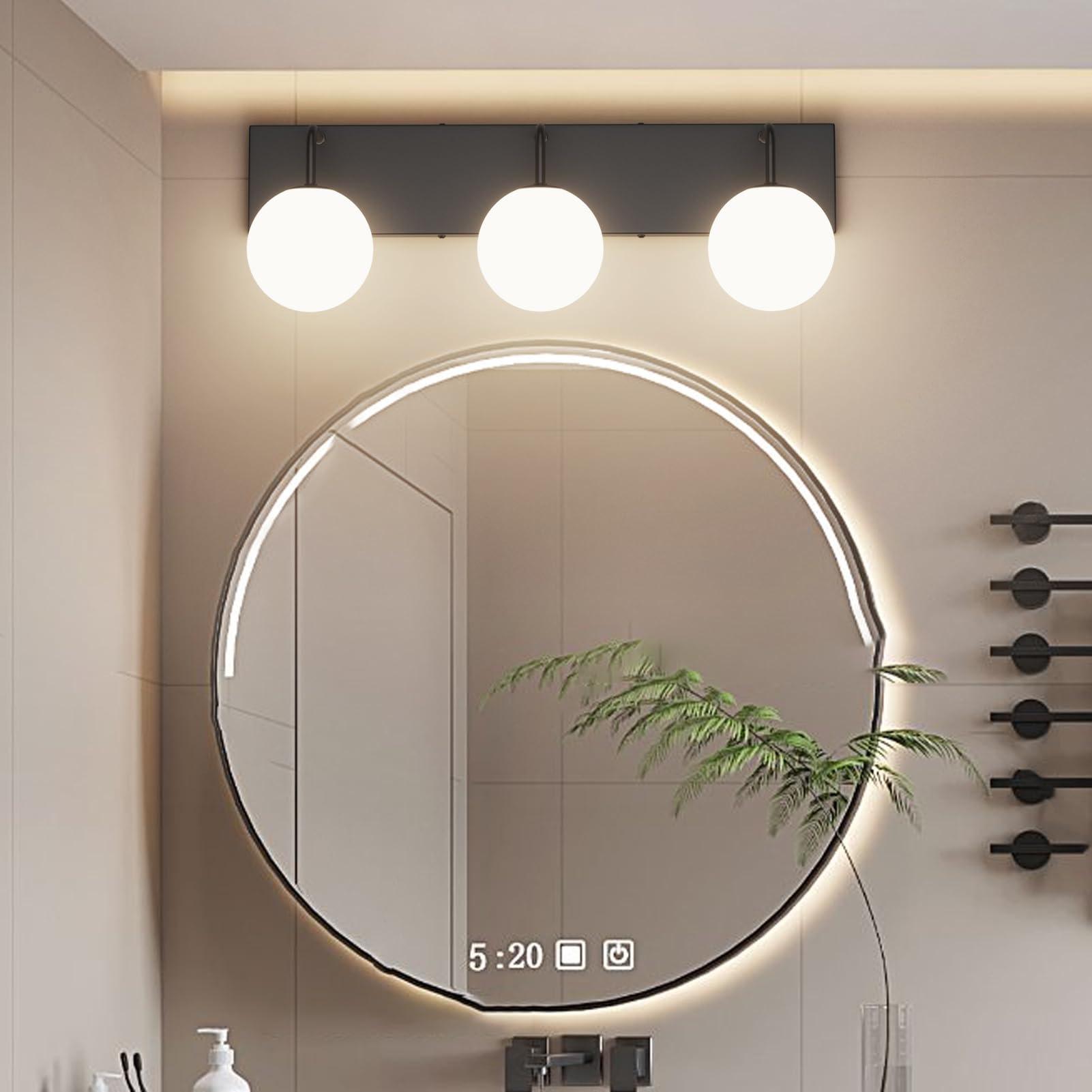 Tipace 3-Light Modern Black Bathroom Vanity Light Fixtures Over Mirror Mid Century Vanity Lights With Milk White Glass Globe Ind