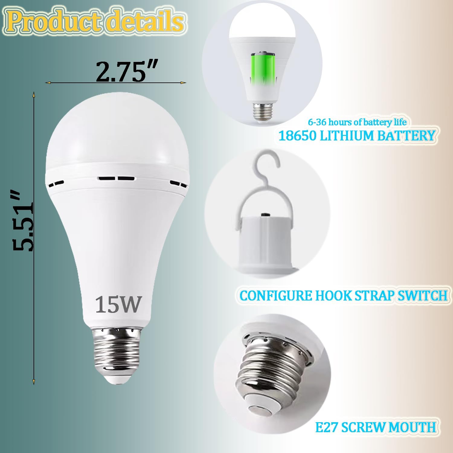 2Pack White Rechargeable Emergency 15W Led Light Bulb,Stay Lights Up When Power Failure,100W Equivalent,1500Lm,White Light 6000K