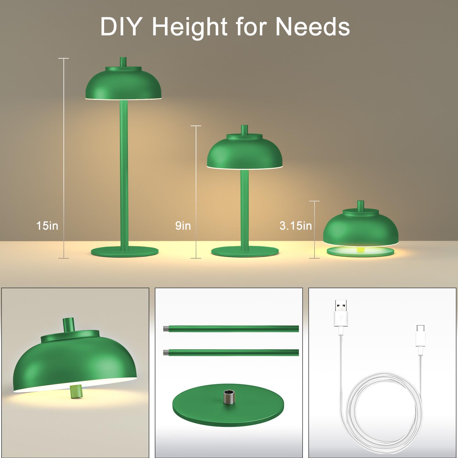 Moragin Green Cordless Table Lamps Set of 2, Rechargeable, IP65 Waterproof, Touch Control, Battery Operated, Metal