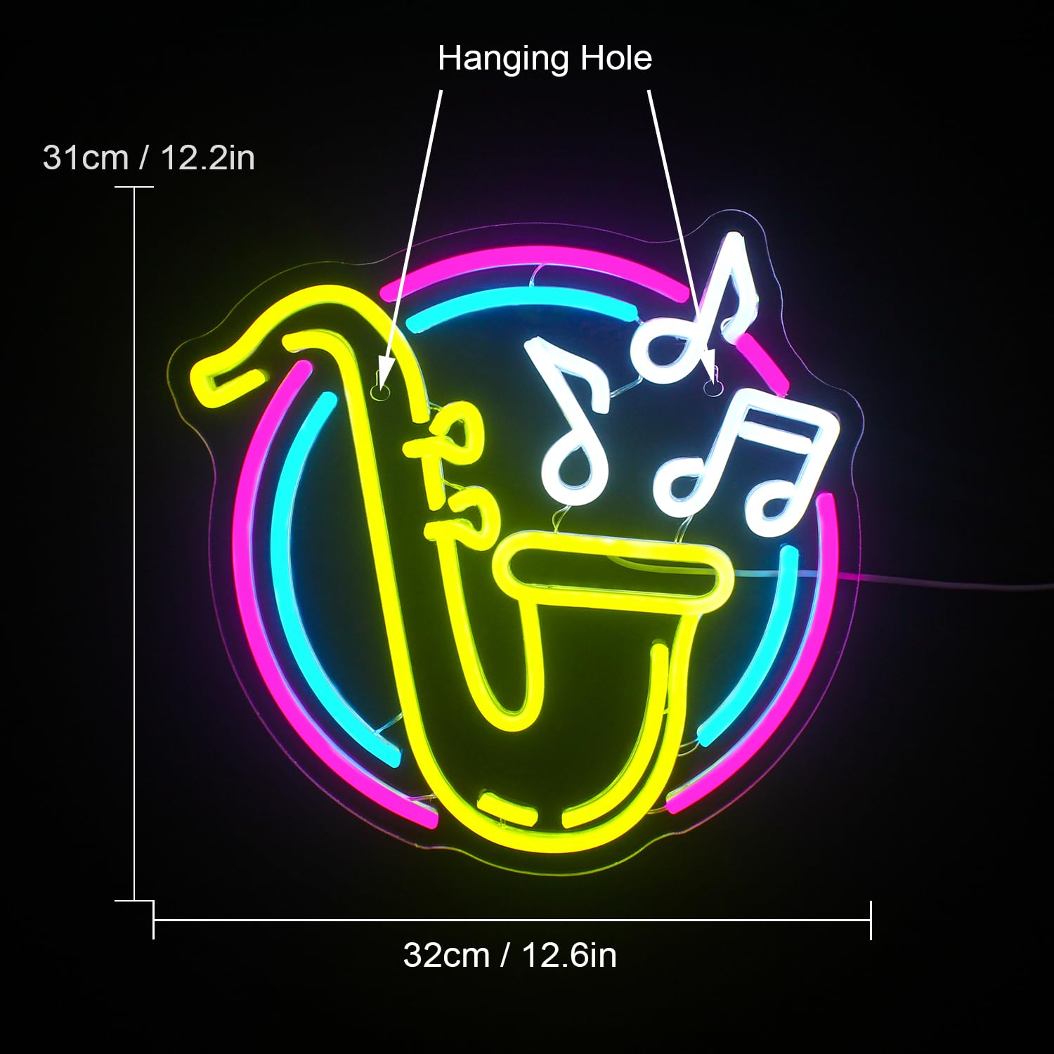 FAXFSIGN Neon Saxophone Sign - Colorful Acrylic Wall Decor for Jazz Music, 12.6in x 12.2in, Ideal for Bedroom and Party Decorations