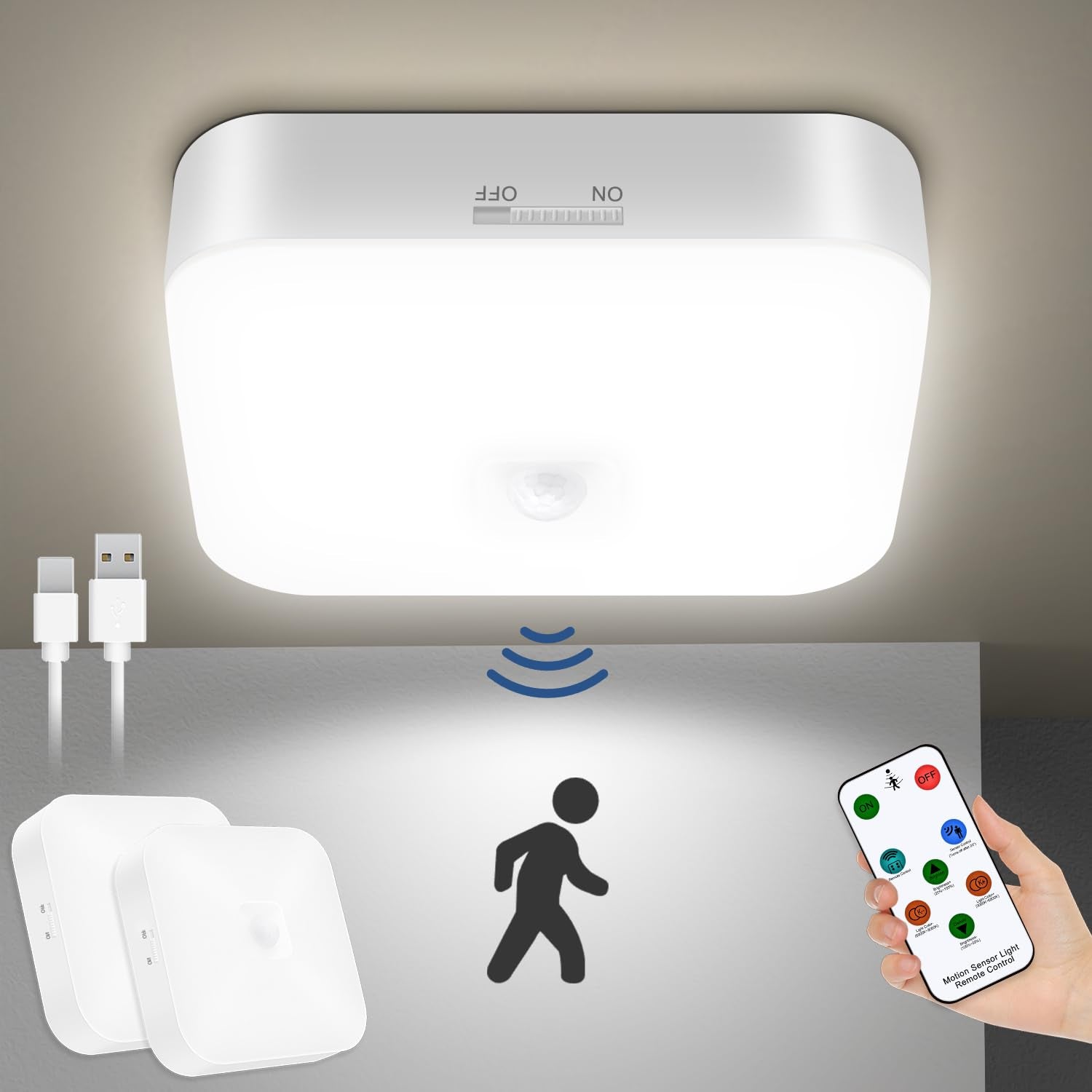 Eneru Battery-Operated Motion Sensor Lights With Remote - Rechargeable Wireless Ceiling Light 500Lm Dimmable & 4Cct Led Motion Sensored Closet Light For Shower Bathroom Pantry Hallway Porch(2 Pack)