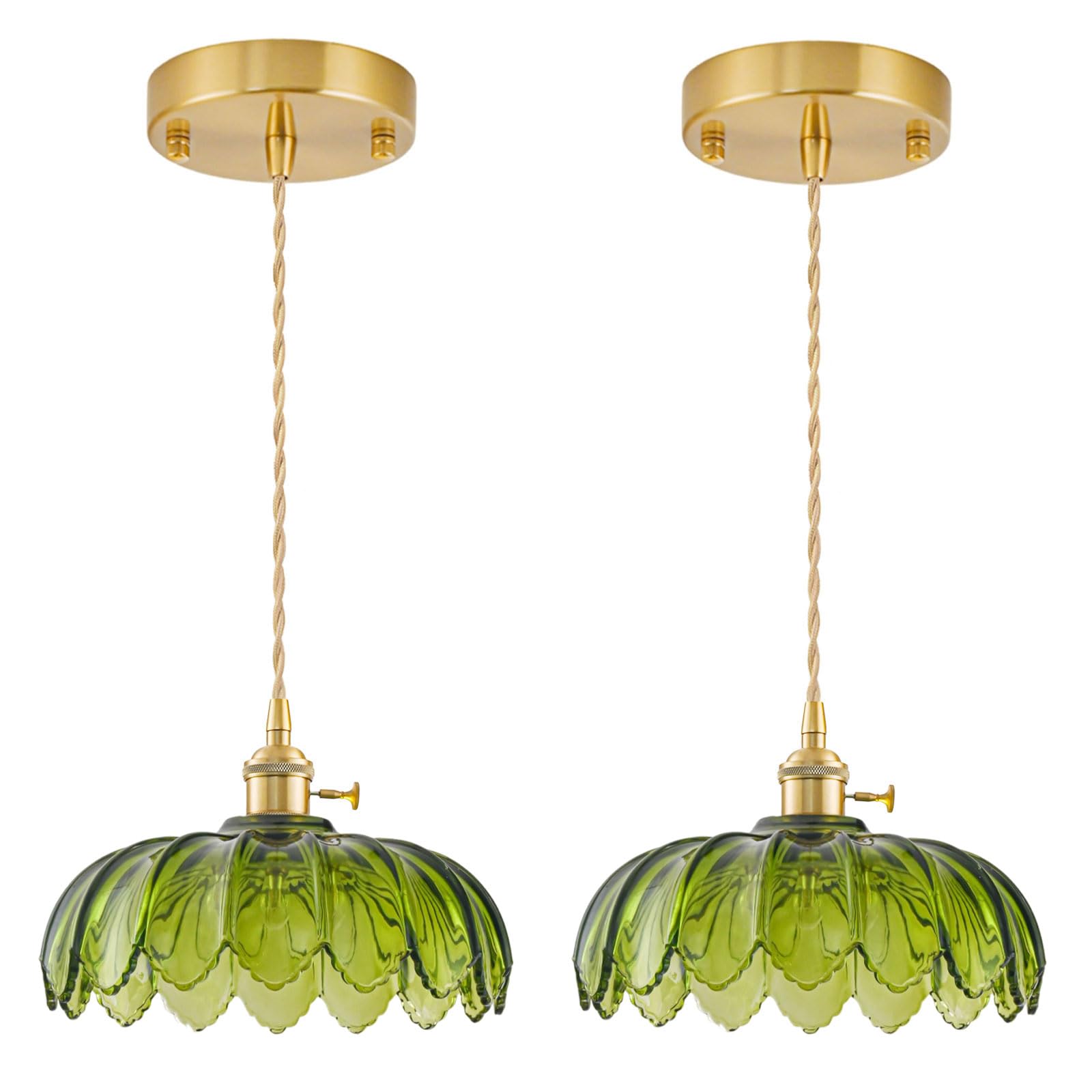 GMTB 2 Pack Glass Pendant Lights Kitchen Island  Vintage Brass Pendant Light Fixtures  Adjustable Green Kitchen Pendant Lighting Over Island for Bedroom Living Room Hallway Dining Room
