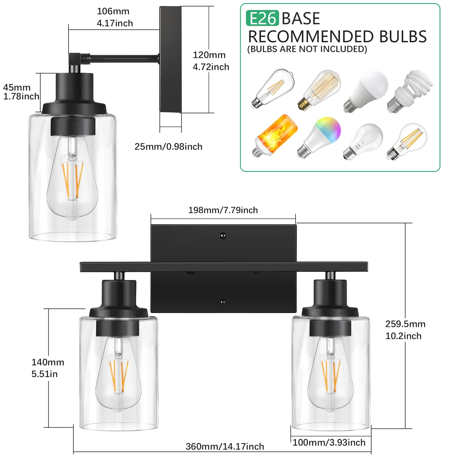 Shinetech 2-Light Bathroom Vanity Light Fixtures, Modern Wall Lighting With Clear Glass Shade, Matte Black Finished Wall Sconce