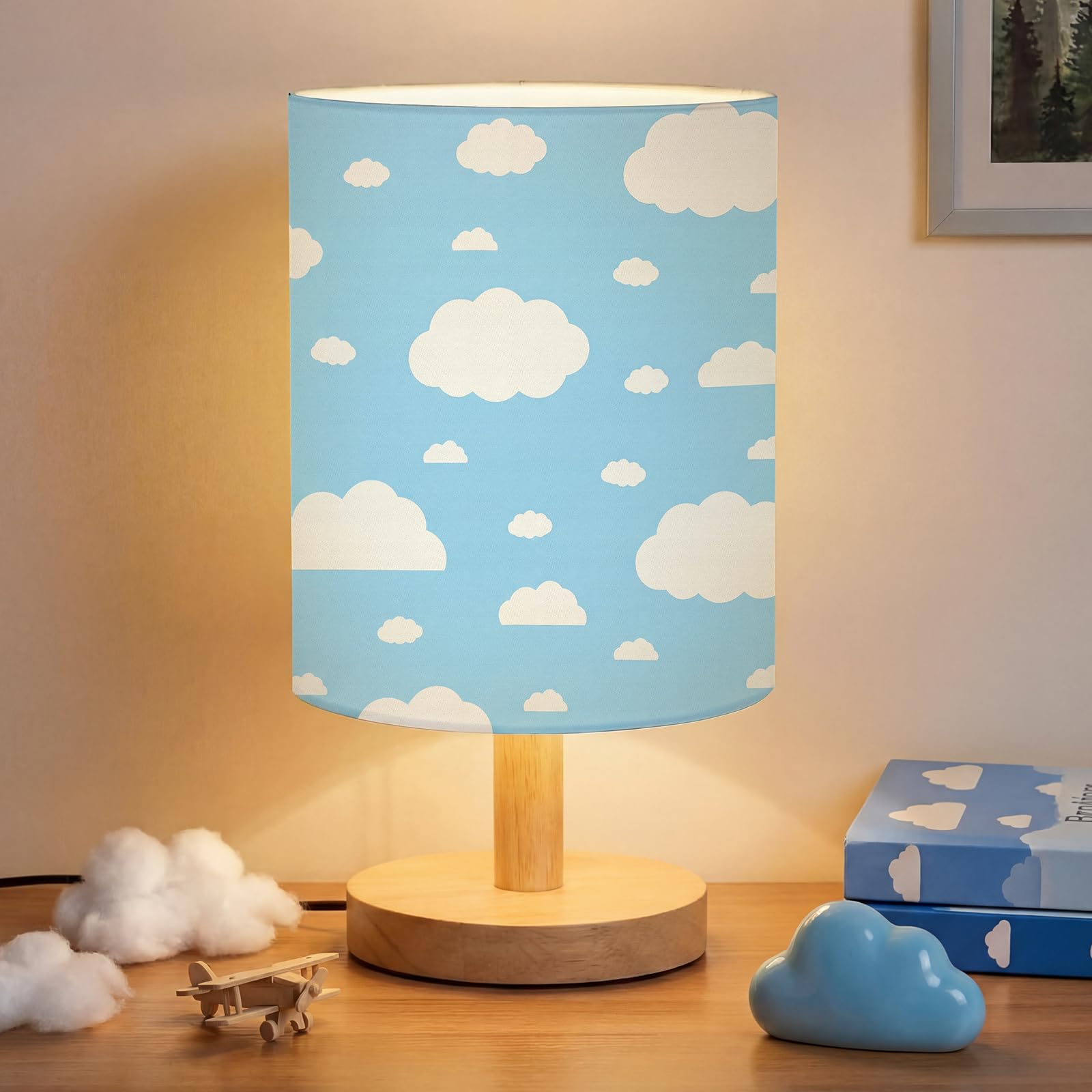 VIHOSE Cloud Kids Table Lamp for Bedroom Kids Bedside Lamp with Linen Wooden Nightstand Cartoon Nursery Lampshade for Girls Boys