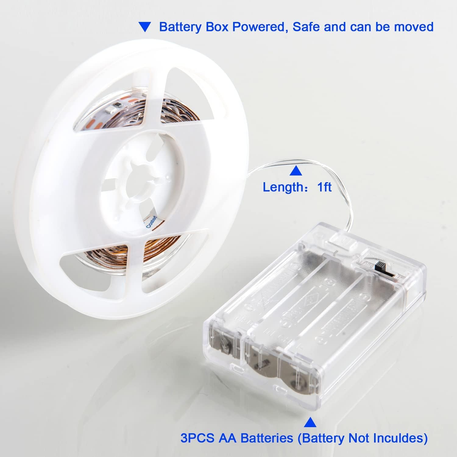 JUNWEN Battery Powered LED Strip Lights, 5V, Daylight White,Cuttable to Size, 13.2ft with 240 LEDs, Portable Lighting, Requires