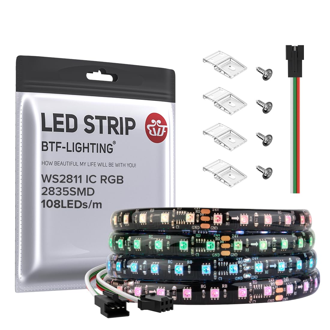 Btf-Lighting 2835Smd Ws2811 Ic Rgb Chasing Color Led Strip Light 9.8Ft Dc24V 108Led/M 18Pixels/M 8Mm Width Ip65 Flexible Addressable Strip For Indoor Decor (No Adapter Or Controller)