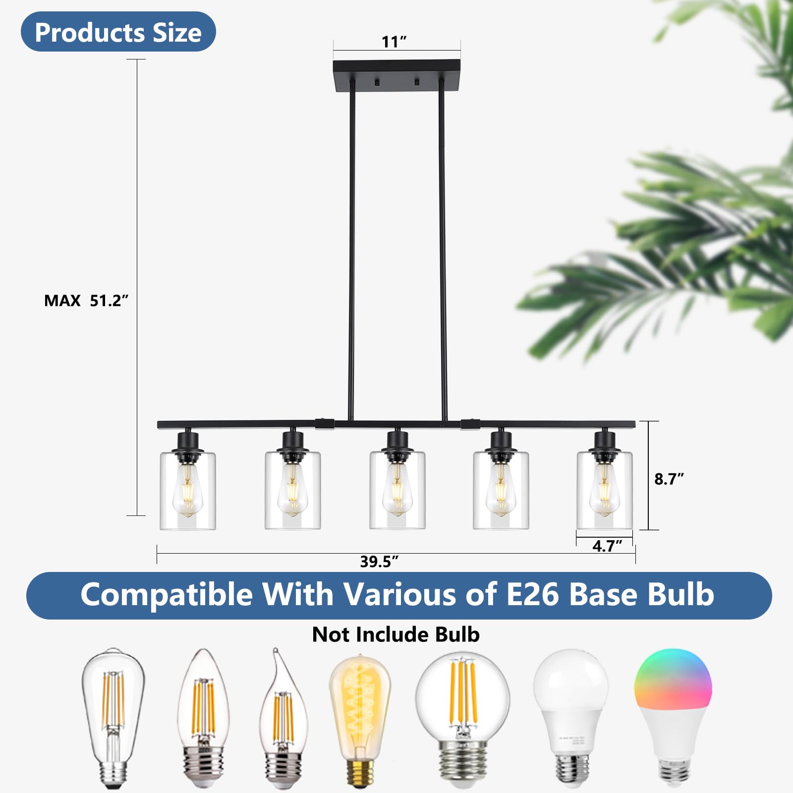 3Wwwuee 39.4'' Kitchen Island Lighting, 5 Lights Clear Glass Pendant Light Fixtue, Black Linear Metal Chandelier For Dining&Livi