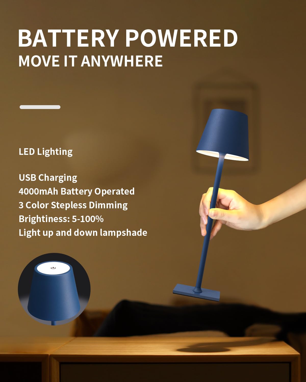 KDG Cordless Table Lamp, 5000mAh Battery, 3 Color Dimming, Portable LED Night Light, Blue, Model AMZ-TBL-003-2-Bl
