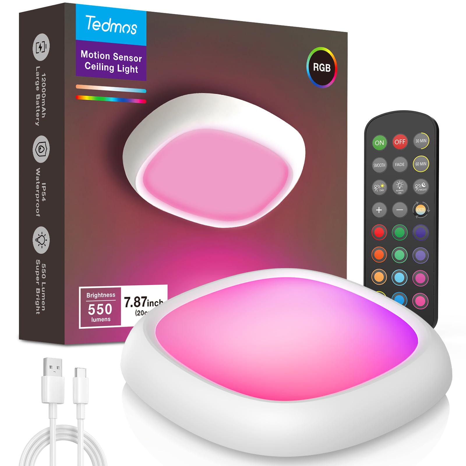 Rechargeable Shower Lights For Inside Shower  12000Mah Motion Sensor Wireless Rgb Ceiling Light With Remote No Wiring  Battery Operated Closet Lights Cordless Led Overhead Lighting For Bathroom