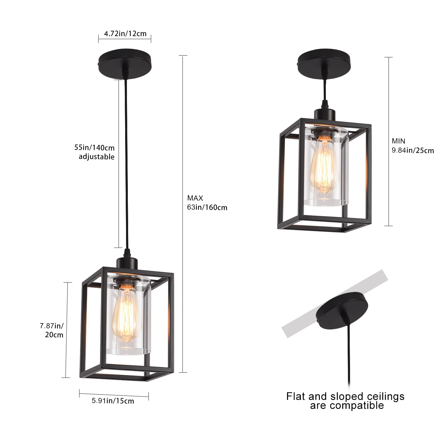 Aojunsansan Black Pendant Lights For Kitchen Island Industrial Lantern Pendant Light Fixtures With Clear Glass Shade, Farmhouse
