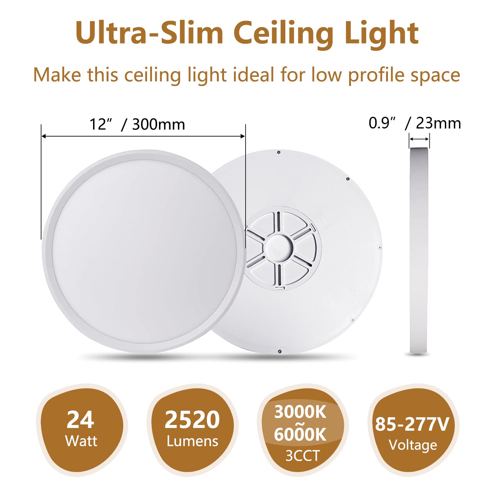 12Pk 12 Inch Led Flush Mount Ceiling Light, 24W, 2520Lm, 3000K/4000K/6000K Cct Selectable, 0.9Inch Super Slim Led Ceiling Light, Low Profile Round Flat Panel Light For Bedroom,Kitchen,Hallway
