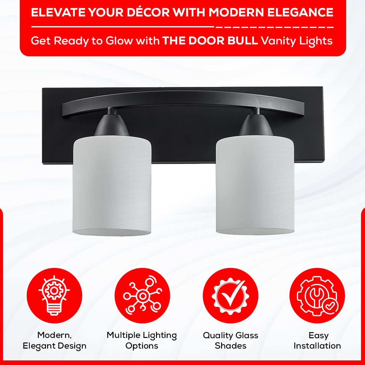 The Door Bull Bathroom Vanity Light Fixture - 2-Lights Matte Black Frosted Glass Shade - Contemporary Stainless Steel Design