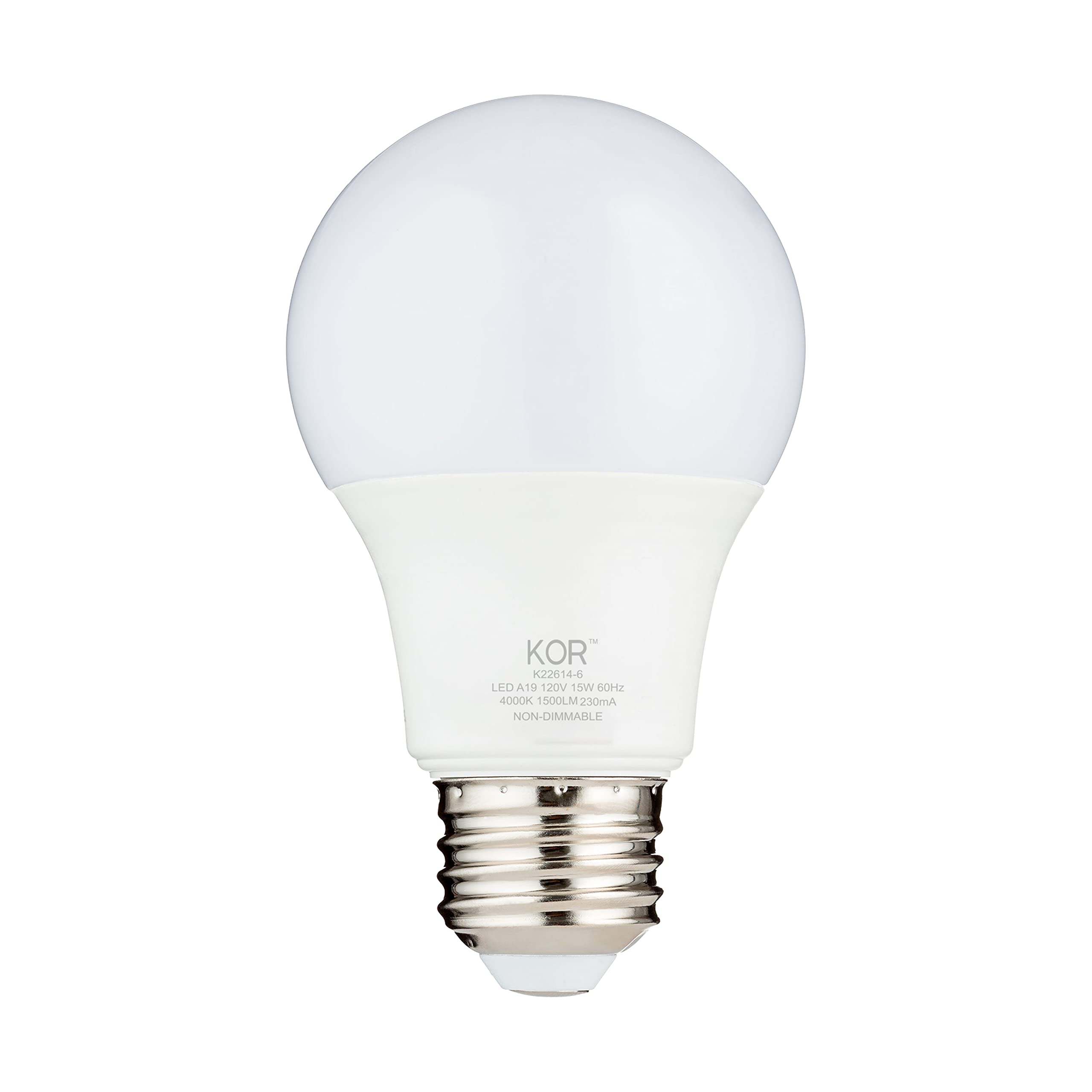 Kor 100W Equivalent Led Light Bulbs, 15W 40K 1500 Lumens Cool White 4000K Non-Dimmable, A19 E26 Standard Base, 10000 Hour Lifeti