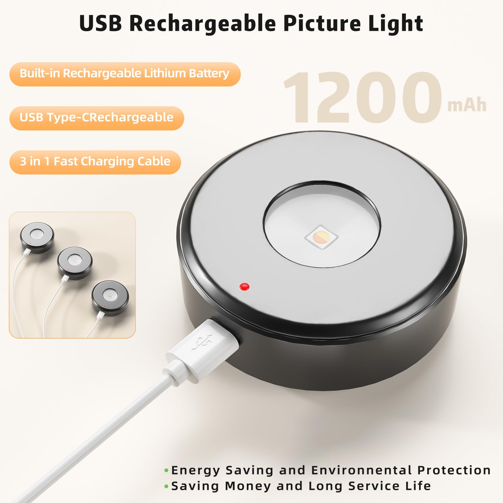 Lightbiz 3PCS Picture Lights, Wireless Rechargeable Battery, Dimmable, Timer, Aluminum, Black, H200-Black-3pcsBlack