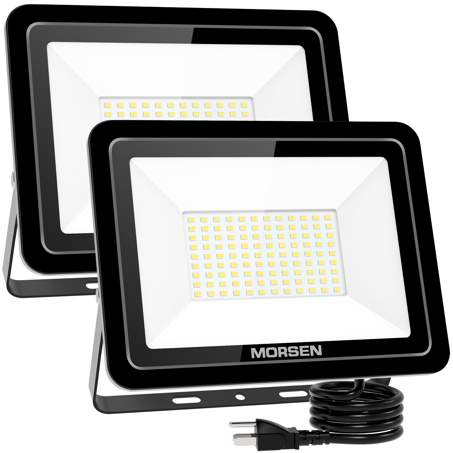 MORSEN 100W LED Flood Light - 15000LM, 5000K, IP66 Waterproof, Black, 2 Pack