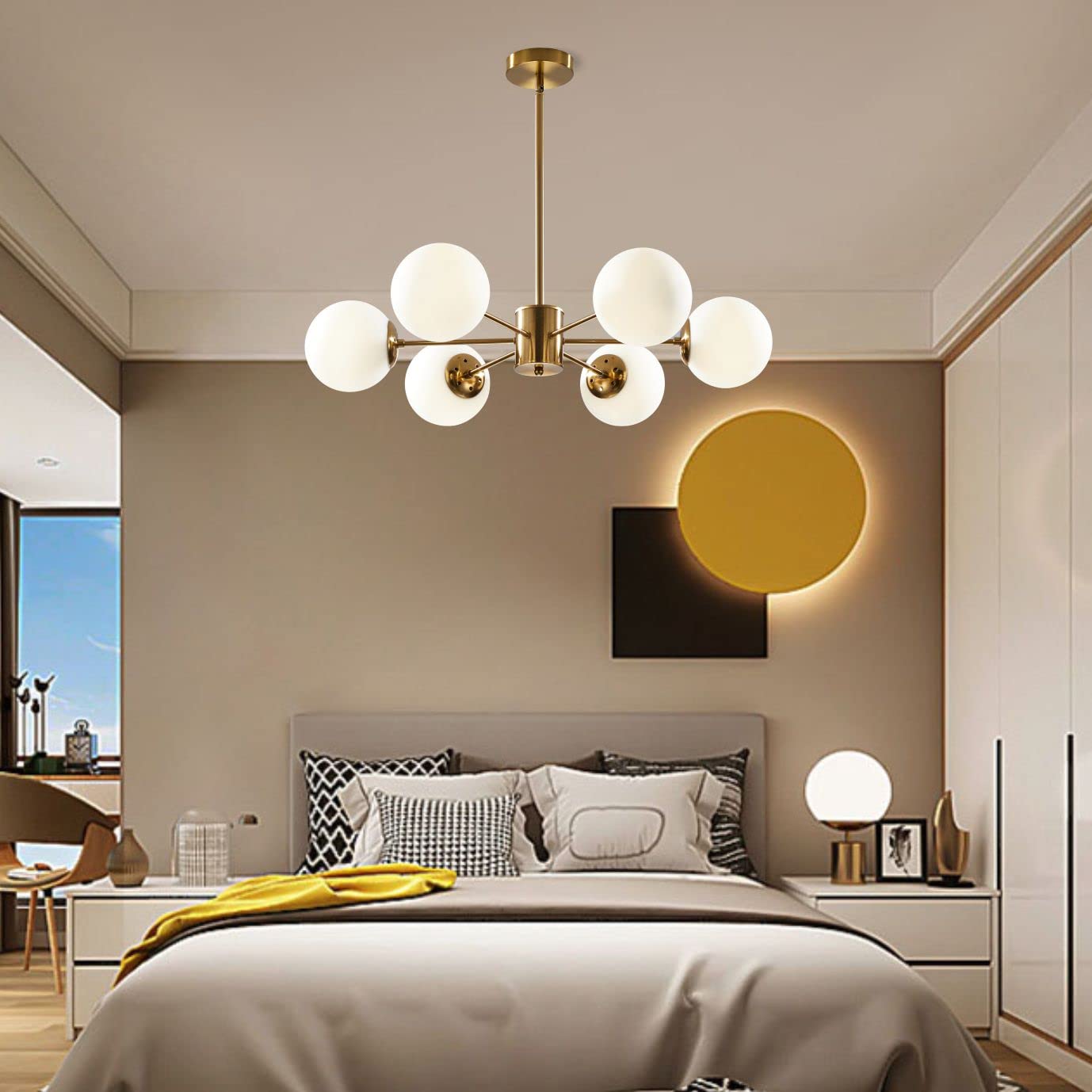 KCO 6-Light Globe Sputnik Chandelier, Modern Gold & White, Metal Fixture, Model L1085-6-Head