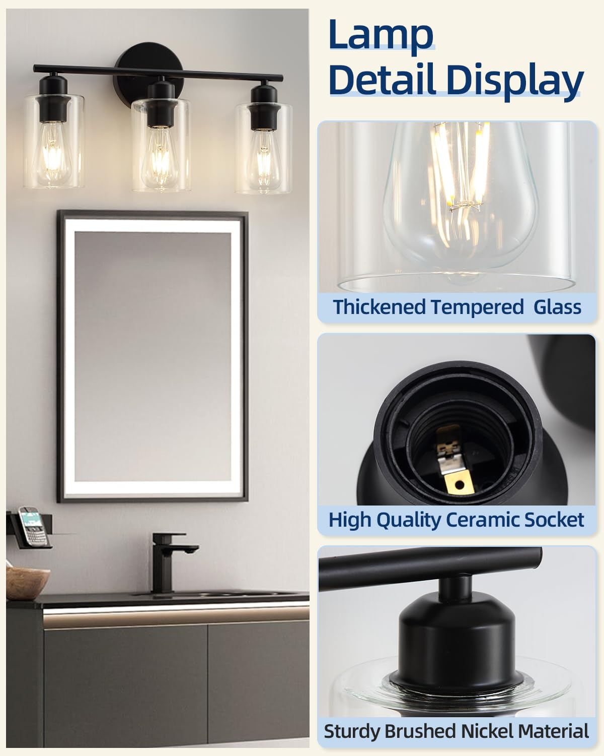 Seable 3-Light Matte Black Bathroom Vanity Light Fixtures With Glass Shade - 2 Pack