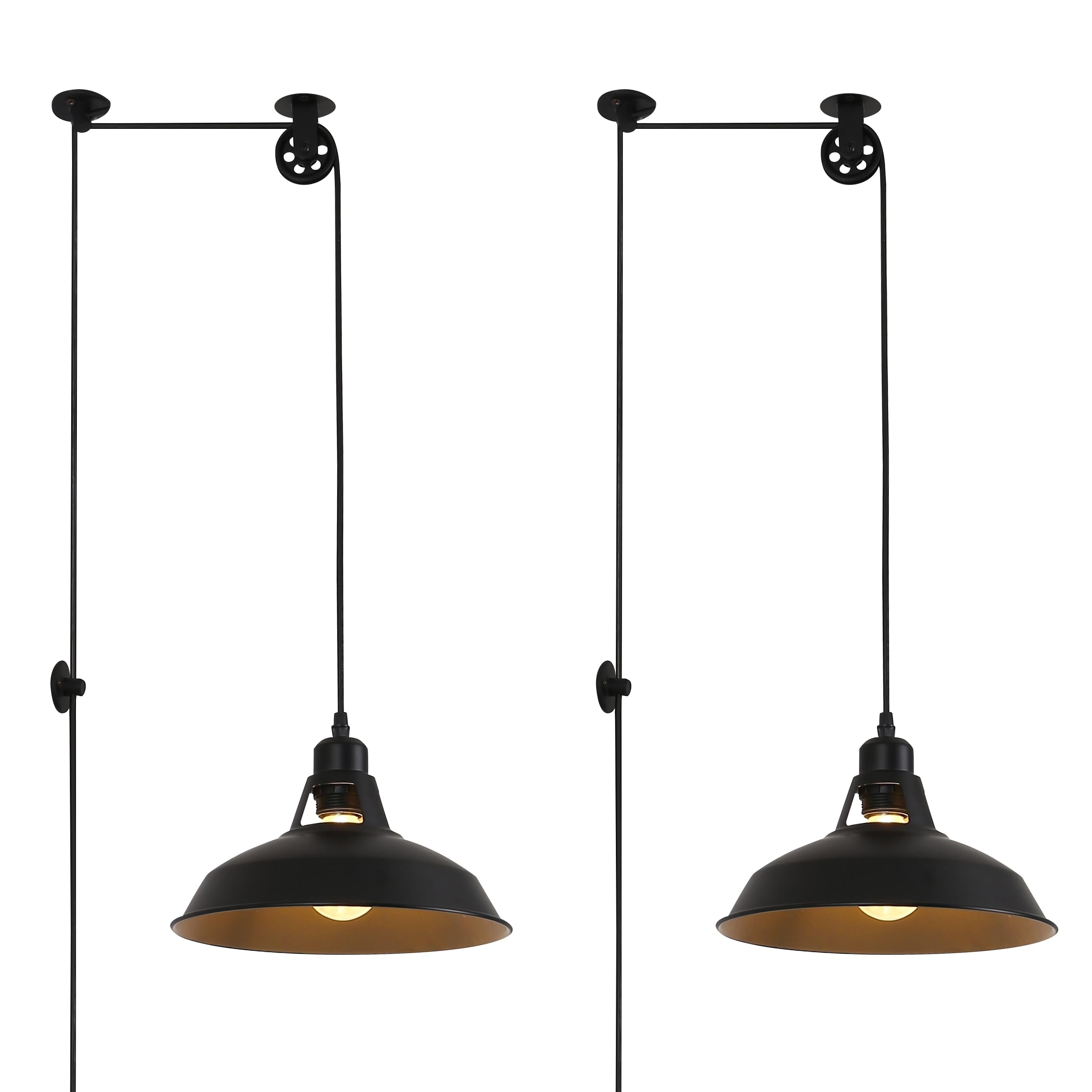 SUNLLOK Industrial 2PCS Pendant Light Lift Pipe Pulley Ceiling Fixture - Rustic Retro Adjustable Height Plug in Hanging Lamp with Switch - Indoor Metal Chandelier for Living Room Restaurant (Black)