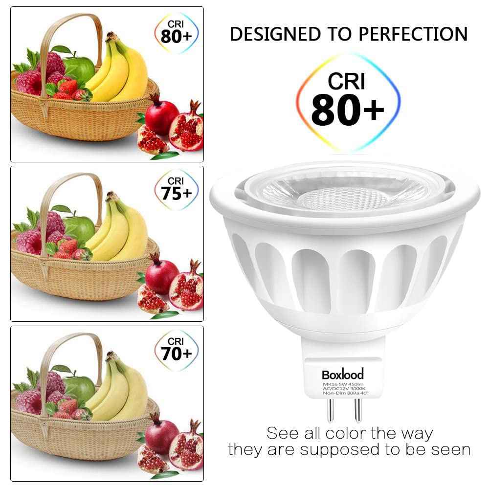 Boxlood MR16 LED Light Bulb, 5W, 3000K Warm White, GU5.3 Bi-Pin Base, 6-Pack, Energy Saving, Non-Dimmable