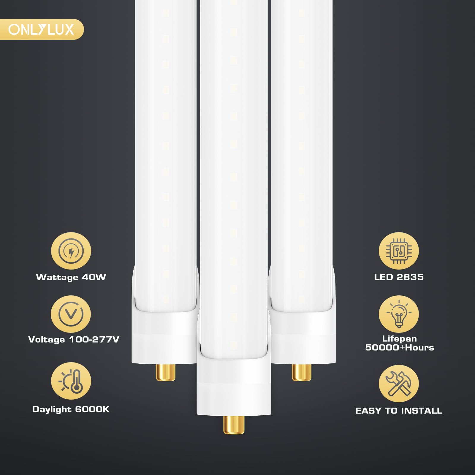 ONLYLUX 8ft LED Tube Light, 10 Pack, 6500K Daylight, Milky Cover, F96T8/F96T12 Replacement, 100W Fluorescent