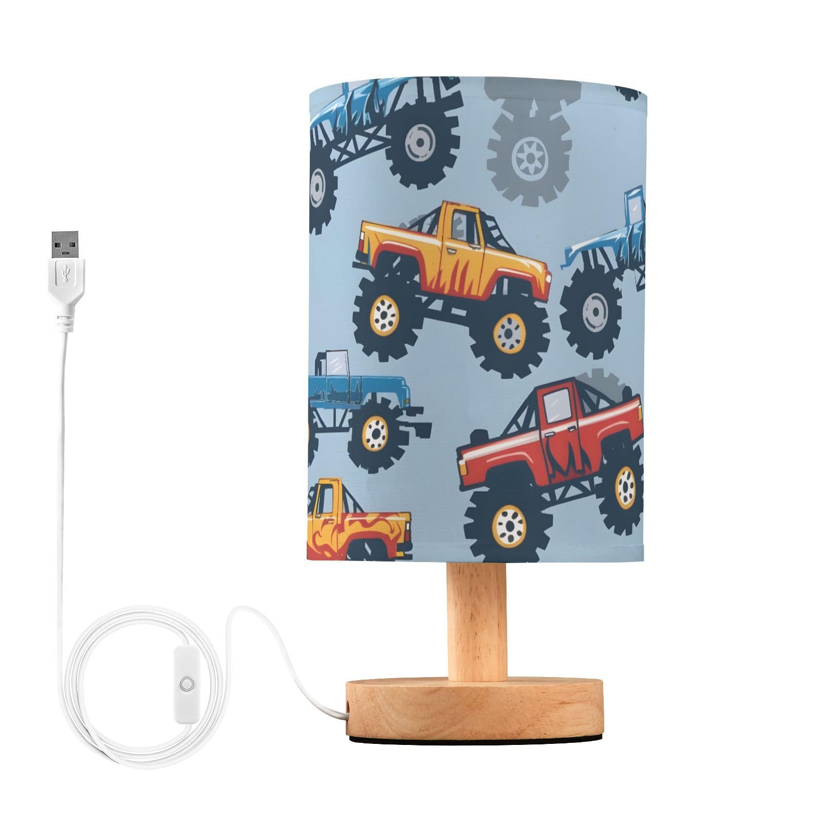 Bedside Table Lamp Monster Truck Cars Pattern Table Lamp for Bedroom Nightstand Lamp with USB Port LED Desk Lamp Shade Living Ro