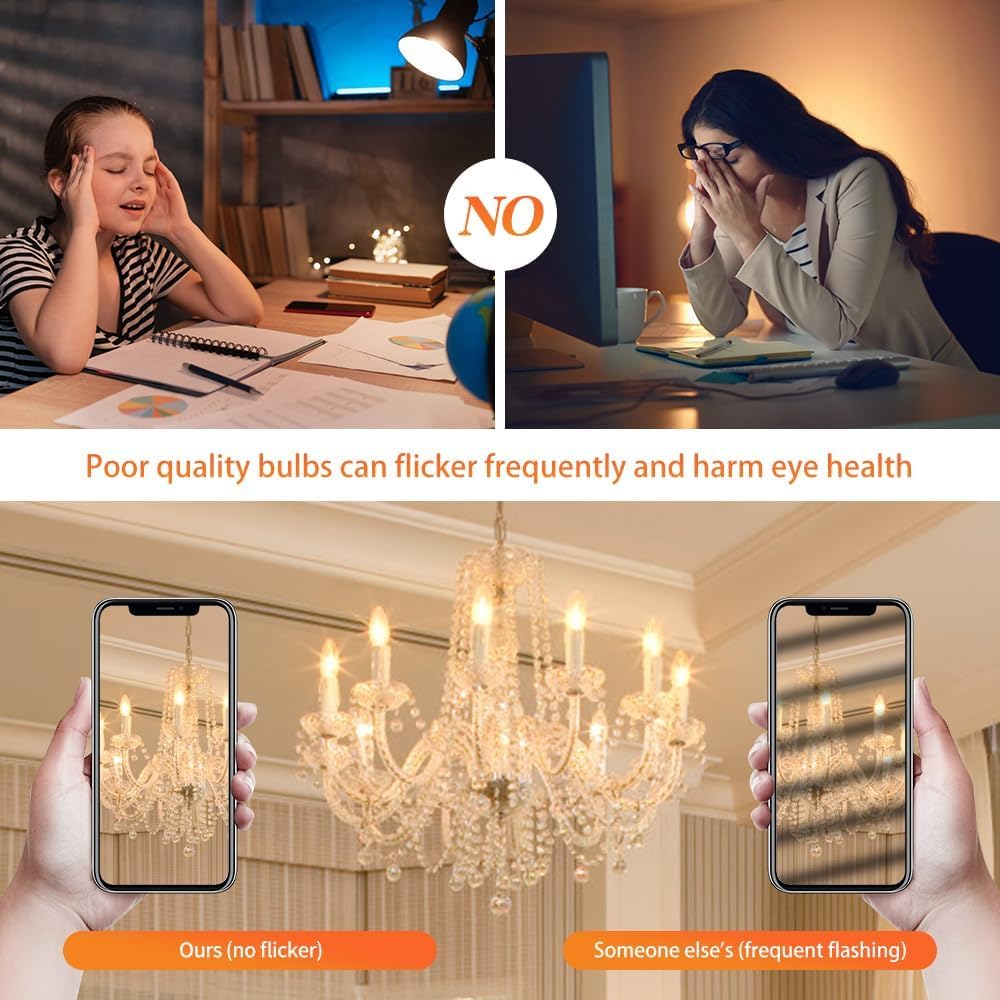 Scomx 40W Incandescent Equivalent Torpedo Tip Chandelier Bulbs, E26 Base, 6 Pack, Clear Glass