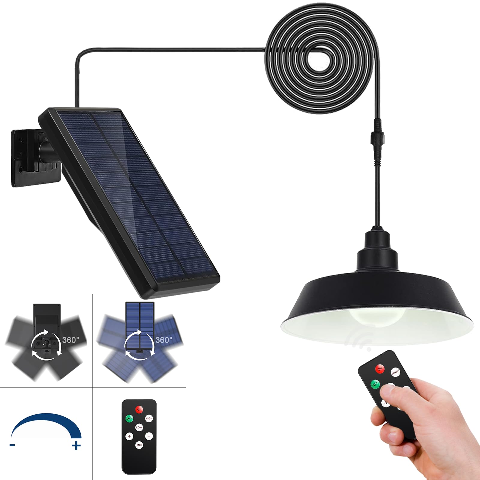 GUYULUX Solar Pendant Light, Dimmable with Remote Control, 360° Adjustable Solar Panel, IP65 Waterproof, Black, Model YUU-T28