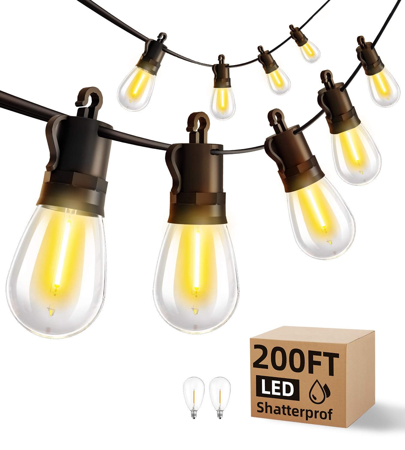 Tbosw Outdoor String Lights Patio Led Light Outside - 60M Ip65 Waterproof 58+2 S14 Led 200Ft Porch Lighting