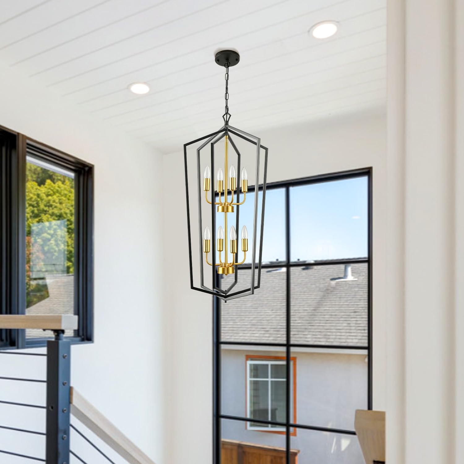 Farmhouse Chandelier Entryway High Ceiling: 8-Light Lantern Tiered Pendant Light Fixtures,Large Long Chandeliers For High Ceilin