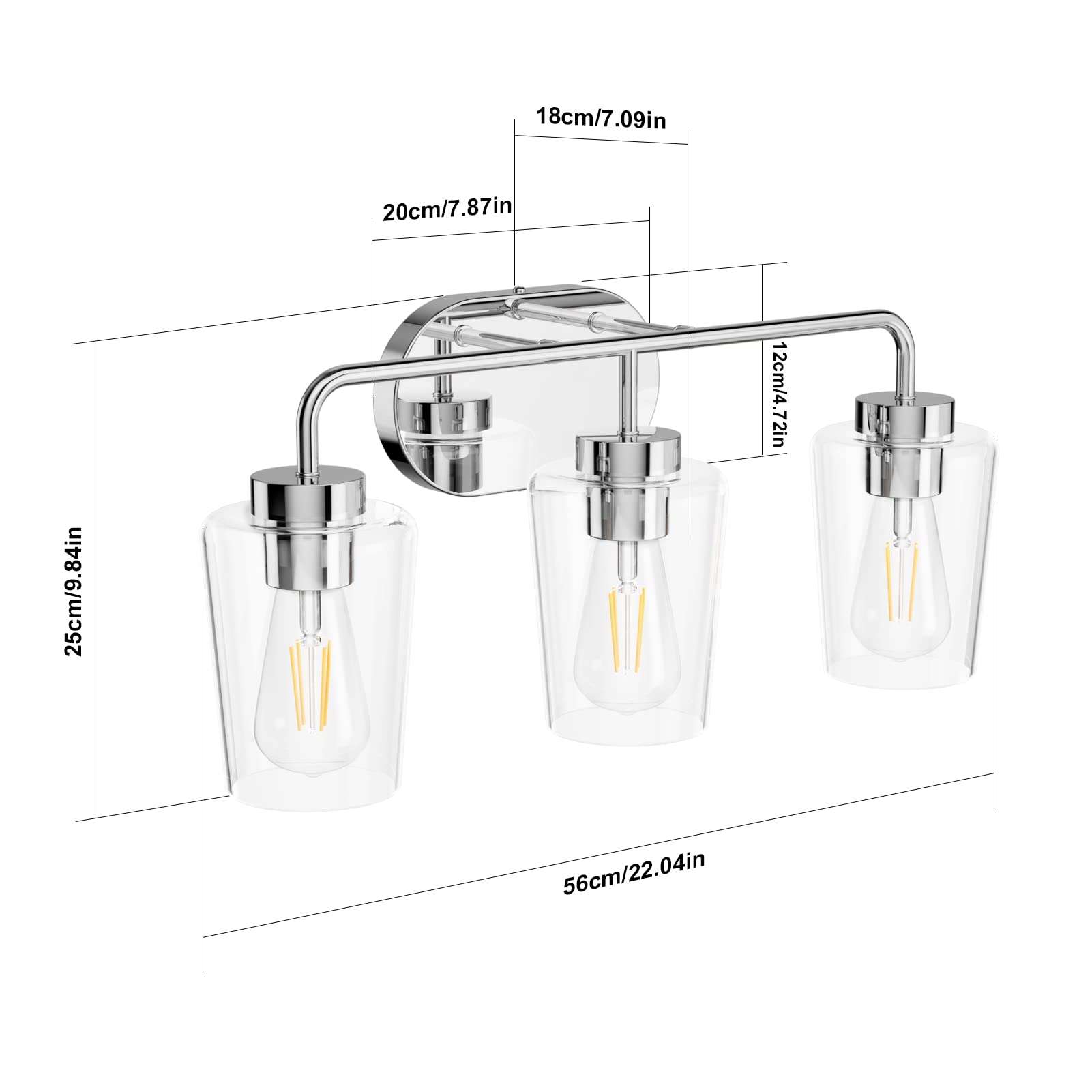 Tipace Modern Bathroom Vanity Lighting Fixtures 3-Lights Industrial Stainless Steel Chrome Finish With Clear Glass Vanity Lights