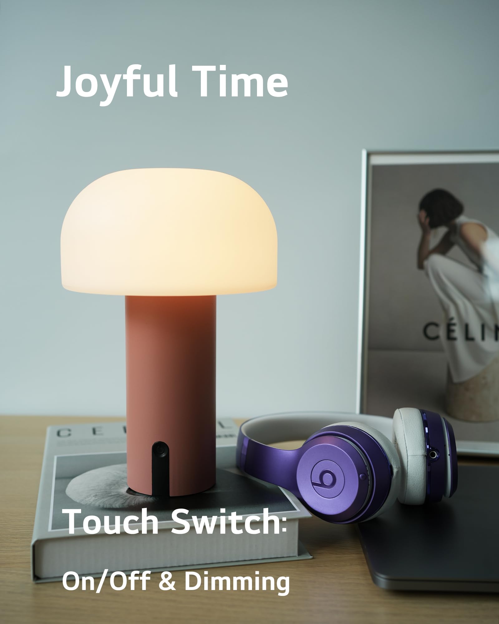 Ilovinit Pink Outdoor Mushroom Table Lamp - Rechargeable, Waterproof, Touch Dimming Night Light