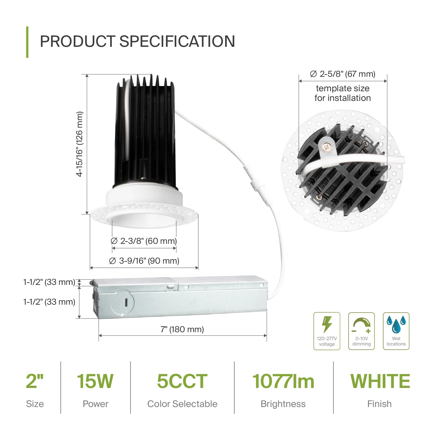 ASD LED Recessed Lighting Downlight, 15W, 2 Inch, Dimmable, 5 CCT 2700K-5000K, IC Rated, White,