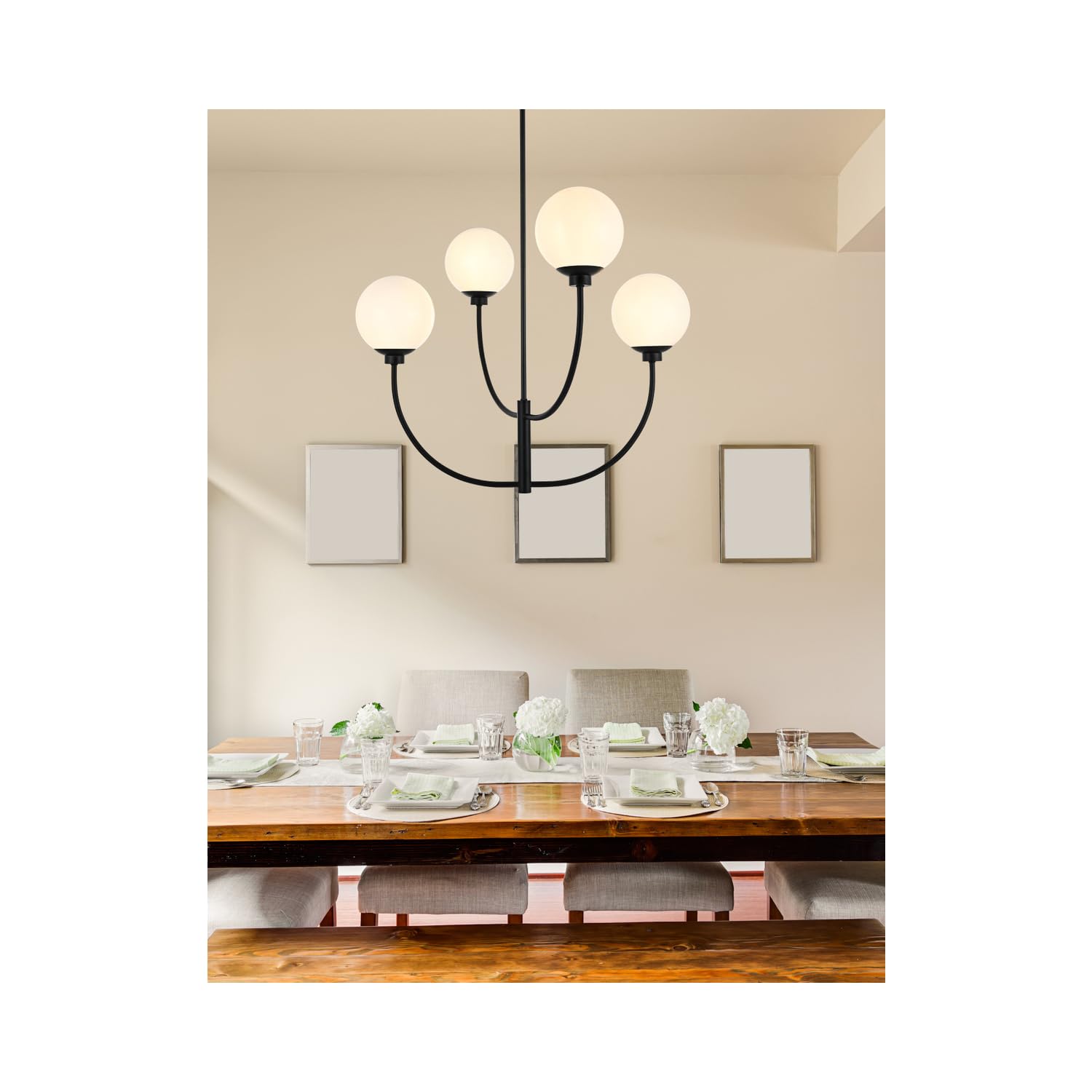 Living District Nyomi 30&quot; 4-Light Black/White Metal Glass Chandelier