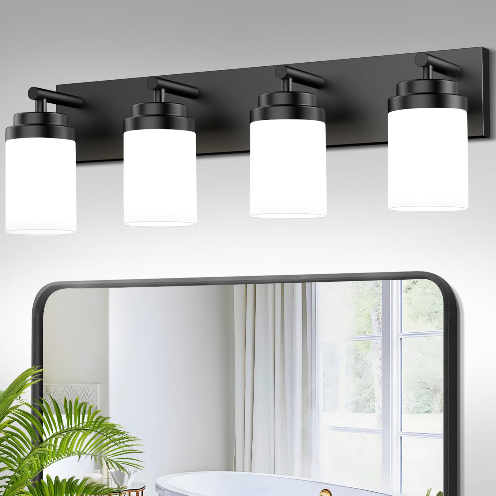 LKHF 4-Light LED Bathroom Vanity Light Fixture, Matte Black, White Glass Shade, Model HT601-4T-BK, 27 Inch