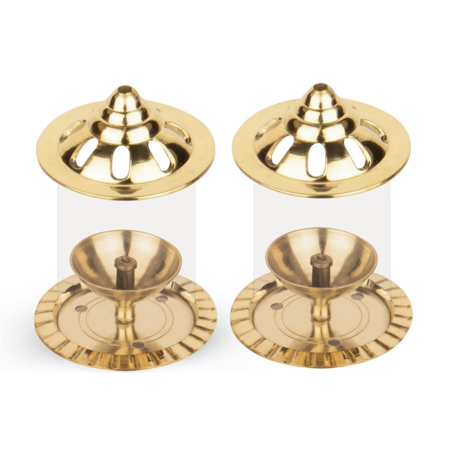 Klassic Navjyoti 4 Inch Akhand Diya with Borosilicate Glass Shade for Mandir, Decorative Brass & Glass Oil Lamp Lantern Diya wit