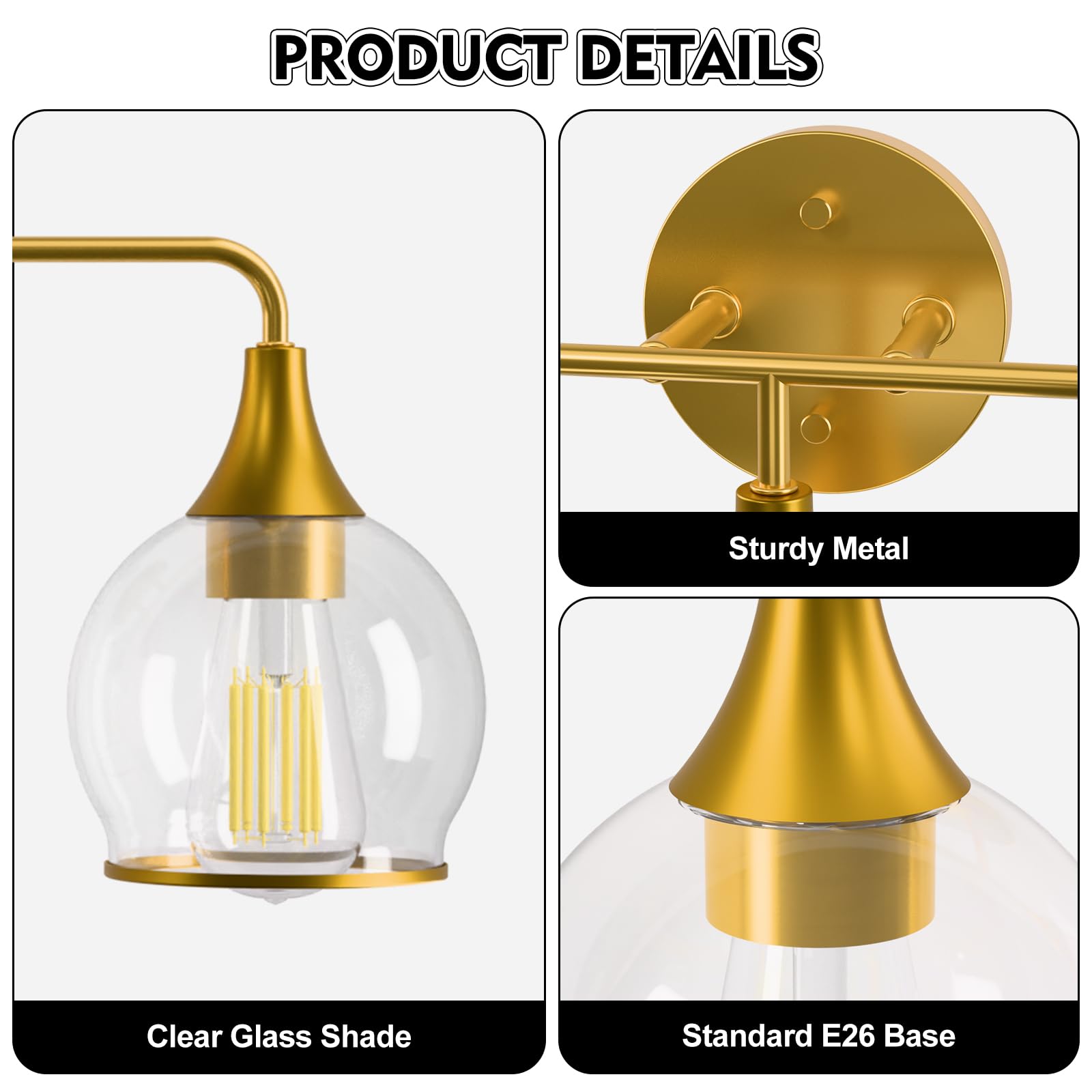 Lightania Bathroom Light Fixtures, 3-Light Vanity Lights with Clear Globe Glass Shade, Modern Gold Bathroom Vanity Light, Bathro