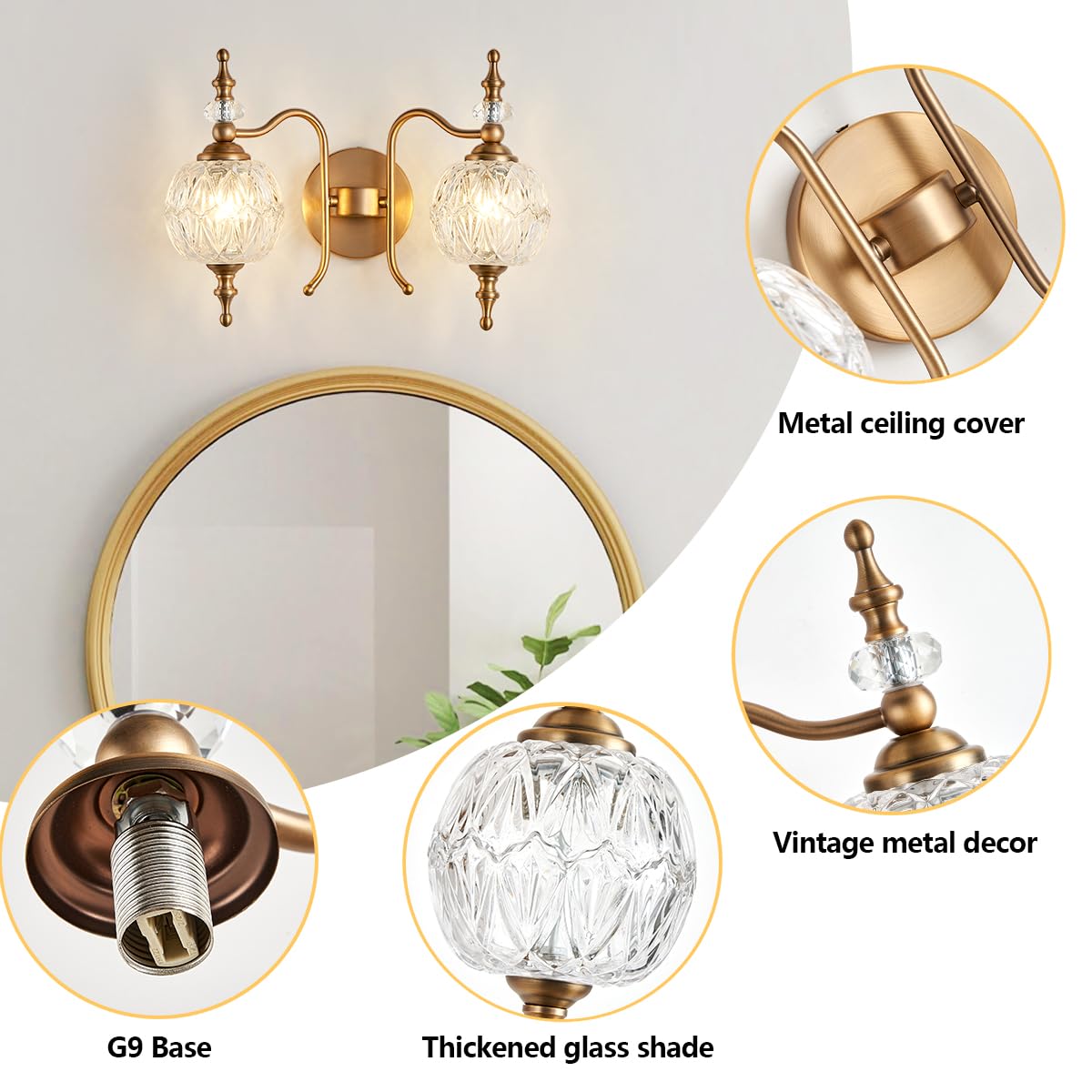 TLOLGT 2-Light Vintage Crystal Bathroom Wall Sconces, Matte Brushed Antique Brass Finish Retro Wall Sconce Light with Crystal Gl
