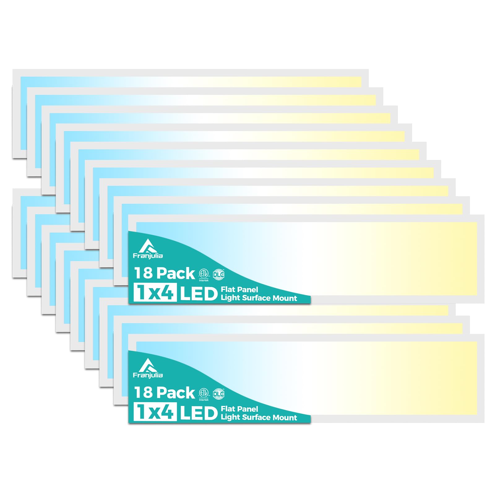 Franjulia 18PACK 1x4 LED Flat Panel Light Surface Mount  3000/4000/5000k Selectable & TRIAC Dimmable 5500LM 50W Flat Panel Light  Input AC 120V  1x4 LED Lights Fixture for Garage/Kitchen/Office-White
