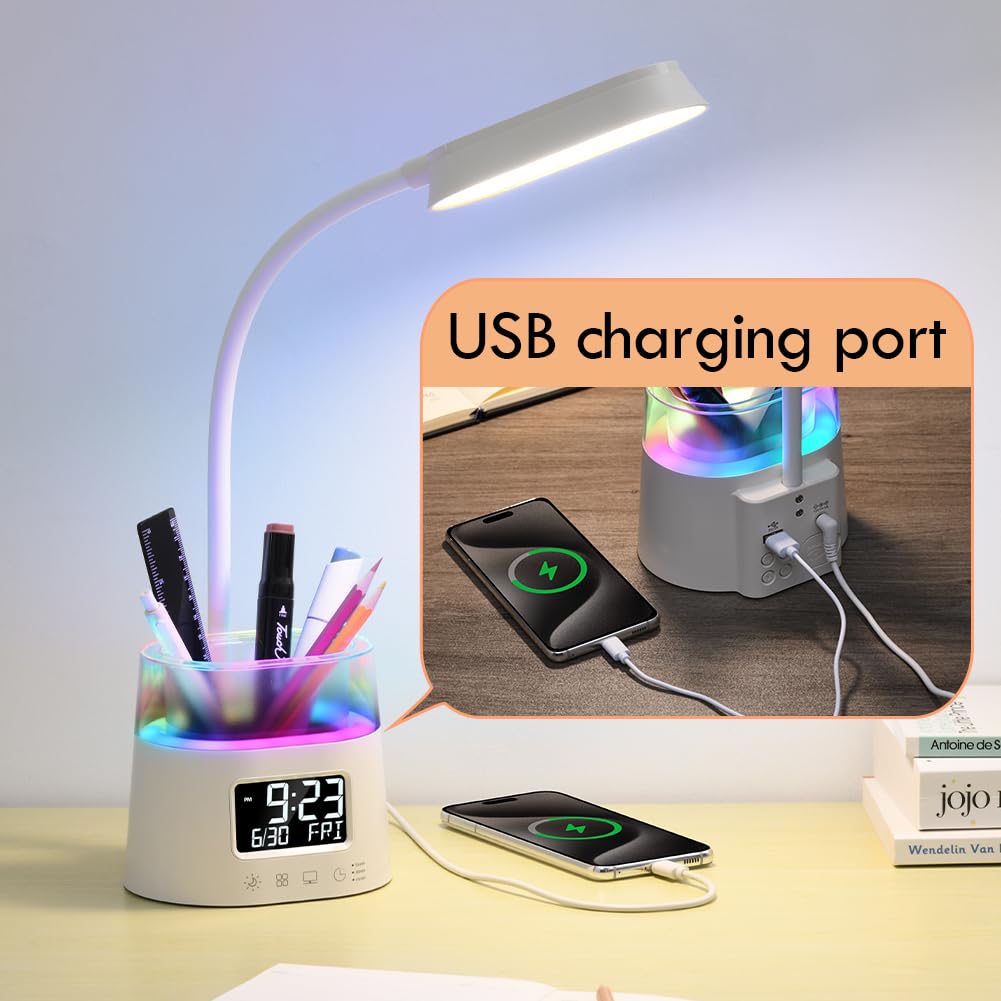 WILIT LED Desk Lamp with USB Charging Port & Clock, White, Model W49A, Pen Holder for Home Office, RGB Night Light for Kids & Students