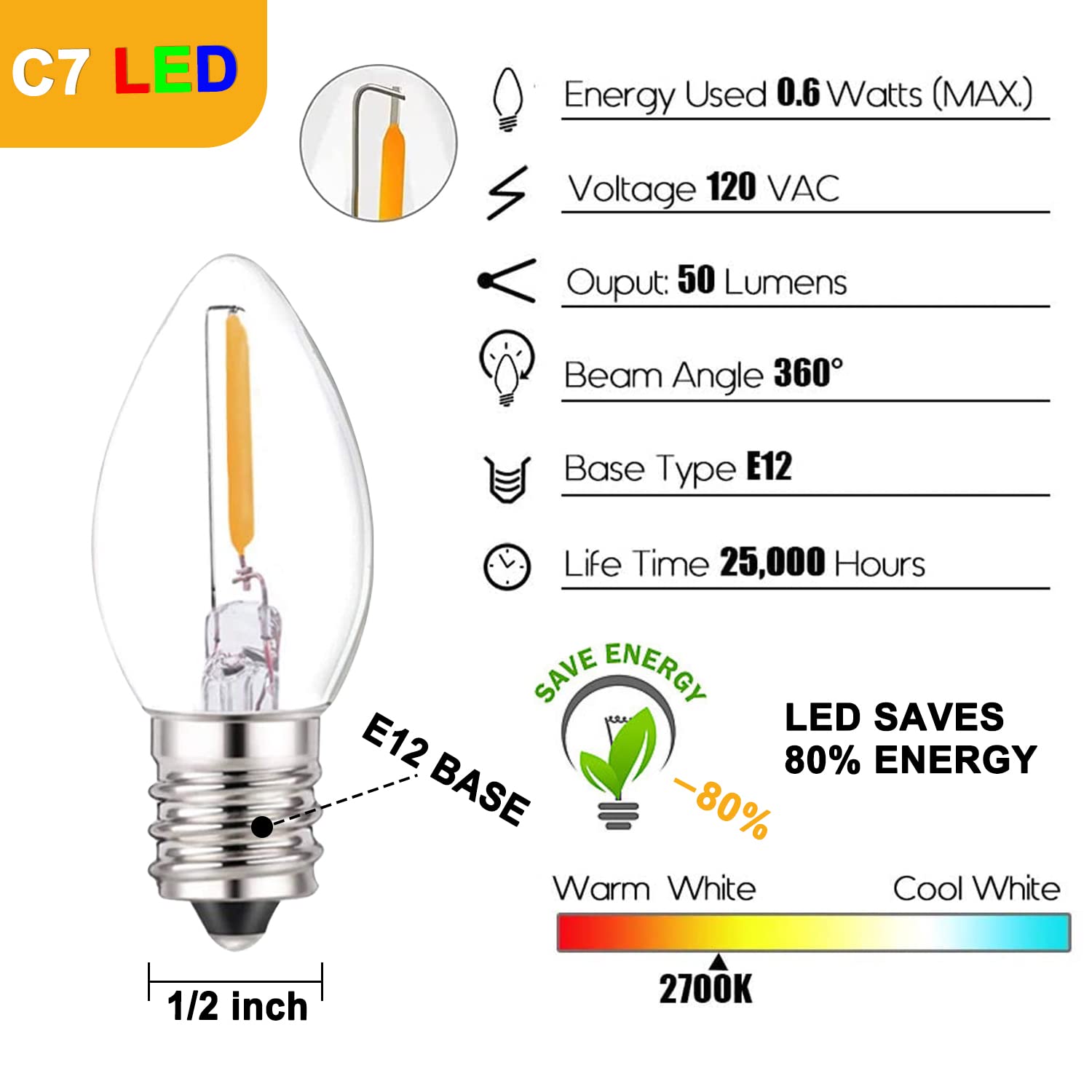 C7 Led String Lights-25Ft Ceramic Vintage Clear Lights With 27 Clear Led Bulbs (2 Spare), Outdoor String Lights For Christmas Pa