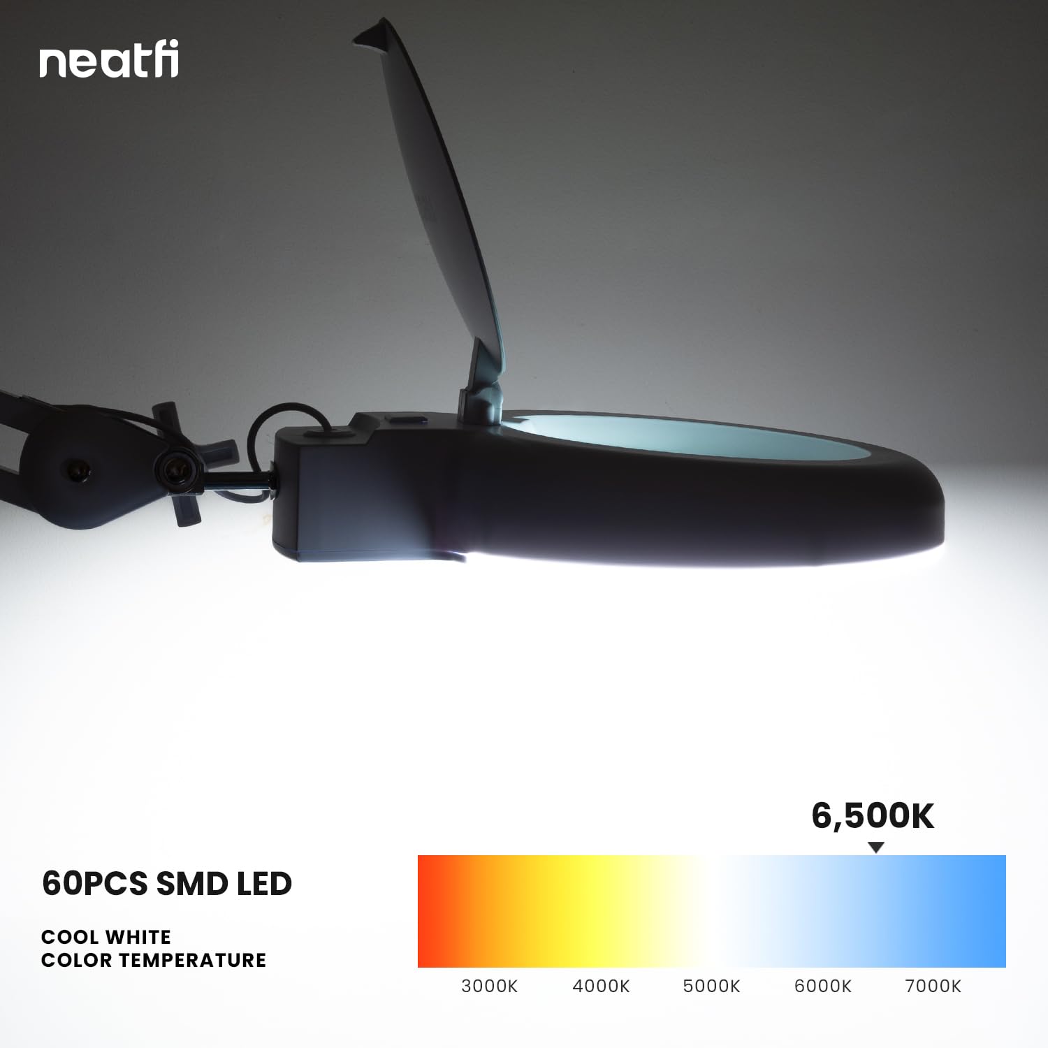 Neatfi LED Magnifying Lamp with Clamp, 12W, 60 SMD LEDs, 5-Diopter, Adjustable Brightness, White