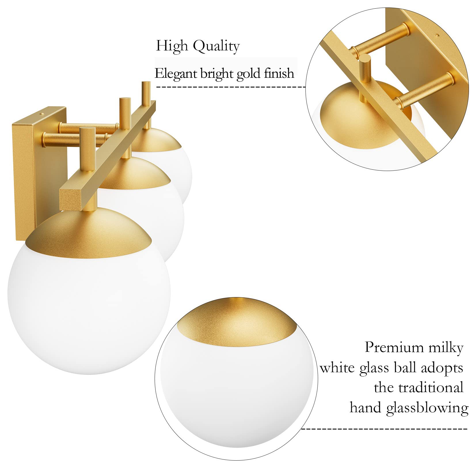 Ralbay Mid Century Modern Gold Bathroom Light Fixtures 3-Light Gold Milky Glass Modern Bathroom Vanity Lights Over Mirror, Gold