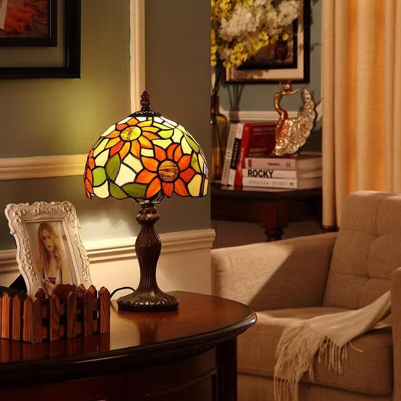 Tuomoxte Tiffany Style Table Lamp,Sunflower Stained Glass Lamp,8X8X15 Inch Small Accent Antique Nightstand Bedside Table Lamps For Bedroom Living Room Home Office W/ 3 Color Temperatures Led Bulb
