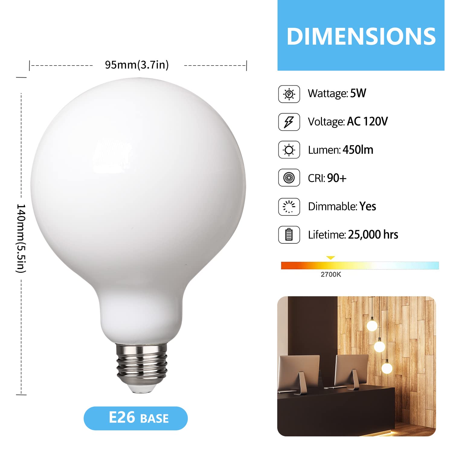 FUTIME G30 LED Globe Light Bulbs 5.5W 2700K Soft Light, Dimmable, E26 Base, Glass, Model JL002, Perfect for Decor and Vanity